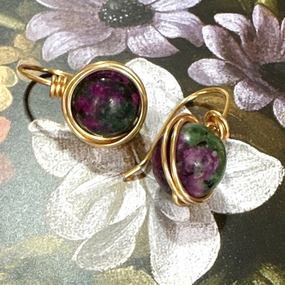 Zoisite Ruby dangle spheres gold long earrings/Gemini grounding stone - Picture 1 of 5